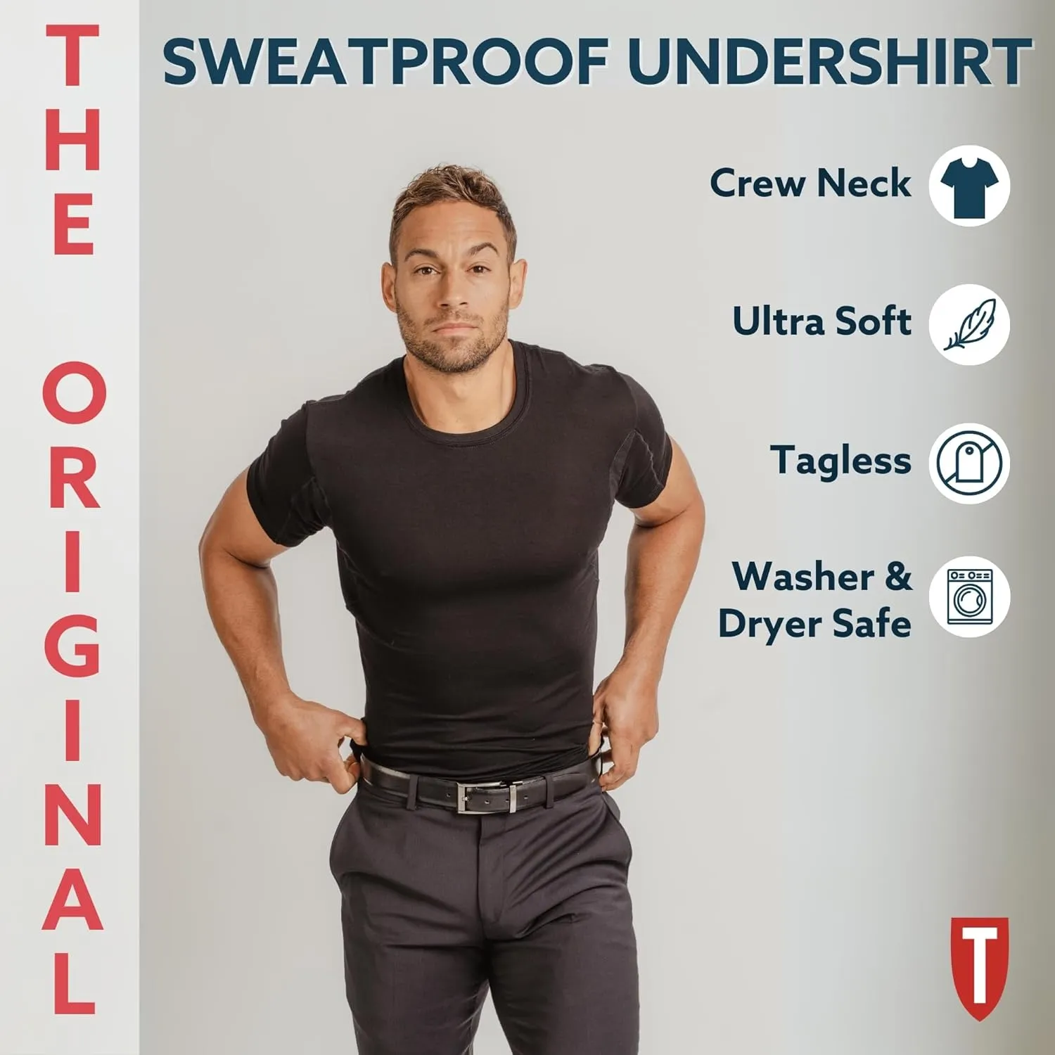 Men's Sweatproof Undershirt | Slim Fit Crew Neck T-Shirt with Underarm Sweat Pads | Aluminum-Free Alternative