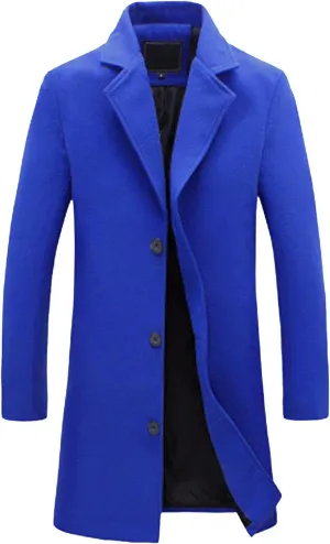 Men's Wool Blend Trench Coat Notched Lapel Collar Single Breasted Overcoat Slim Fit Warm Business Work Long Pea Coat