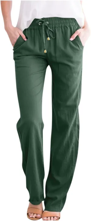 midelxp Baggy Linen Pants Women Summer Boho Lightweight High Waist Palazzo Pants Loose Comfy Straight Leg Pants with Pockets