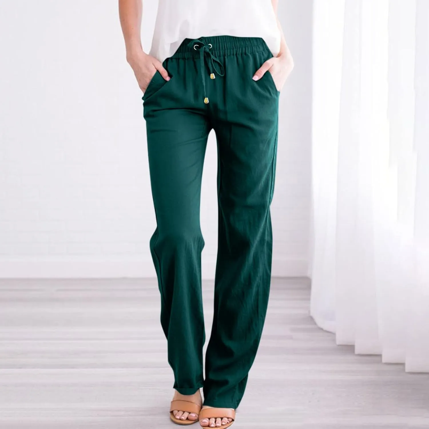 midelxp Baggy Linen Pants Women Summer Boho Lightweight High Waist Palazzo Pants Loose Comfy Straight Leg Pants with Pockets