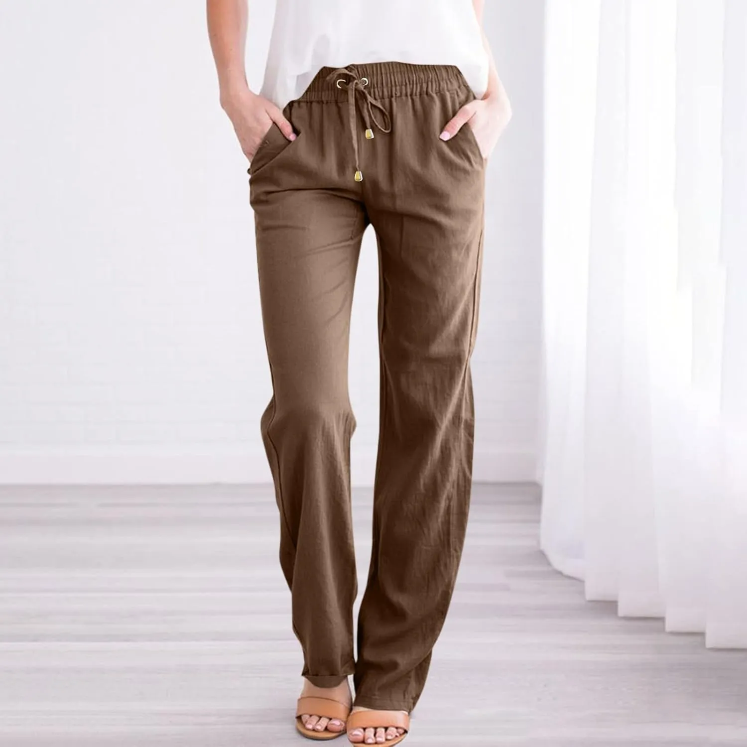 midelxp Baggy Linen Pants Women Summer Boho Lightweight High Waist Palazzo Pants Loose Comfy Straight Leg Pants with Pockets