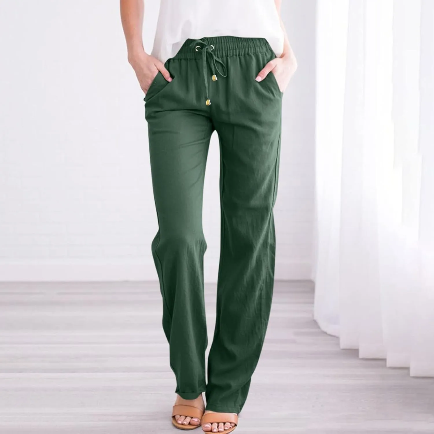 midelxp Baggy Linen Pants Women Summer Boho Lightweight High Waist Palazzo Pants Loose Comfy Straight Leg Pants with Pockets