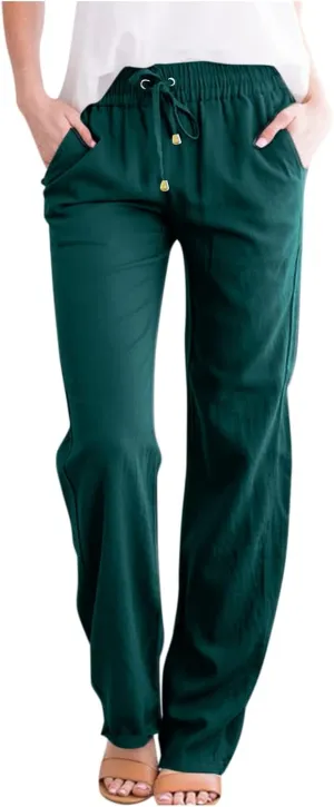 midelxp Baggy Linen Pants Women Summer Boho Lightweight High Waist Palazzo Pants Loose Comfy Straight Leg Pants with Pockets