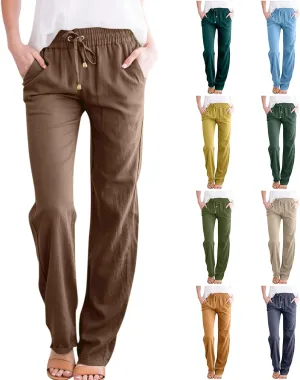 midelxp Baggy Linen Pants Women Summer Boho Lightweight High Waist Palazzo Pants Loose Comfy Straight Leg Pants with Pockets