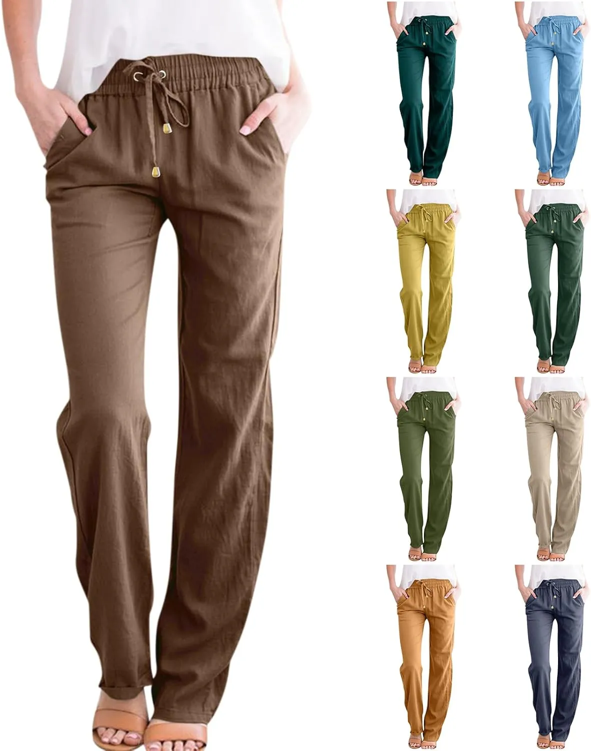 midelxp Baggy Linen Pants Women Summer Boho Lightweight High Waist Palazzo Pants Loose Comfy Straight Leg Pants with Pockets
