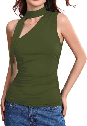 Milumia Women Y2K Going Out Club Rave Halter Scarf Top Shirt Ruched Sleeveless Off One Shouler Tank Top
