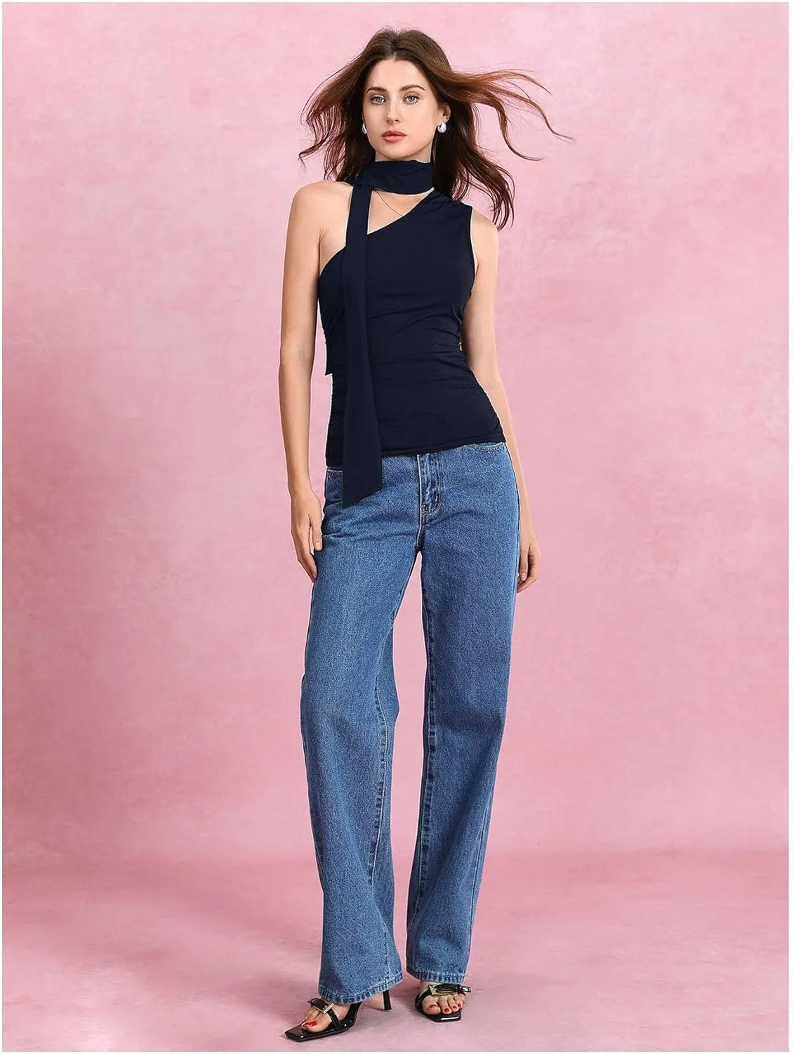 Milumia Women Y2K Going Out Club Rave Halter Scarf Top Shirt Ruched Sleeveless Off One Shouler Tank Top
