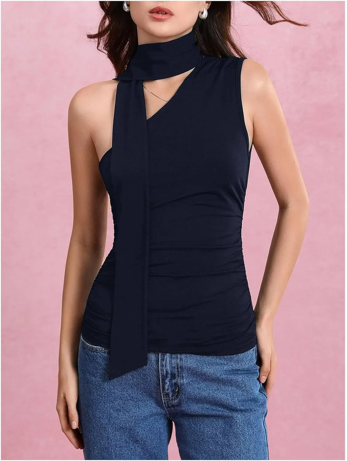 Milumia Women Y2K Going Out Club Rave Halter Scarf Top Shirt Ruched Sleeveless Off One Shouler Tank Top