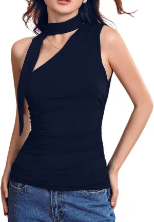 Milumia Women Y2K Going Out Club Rave Halter Scarf Top Shirt Ruched Sleeveless Off One Shouler Tank Top