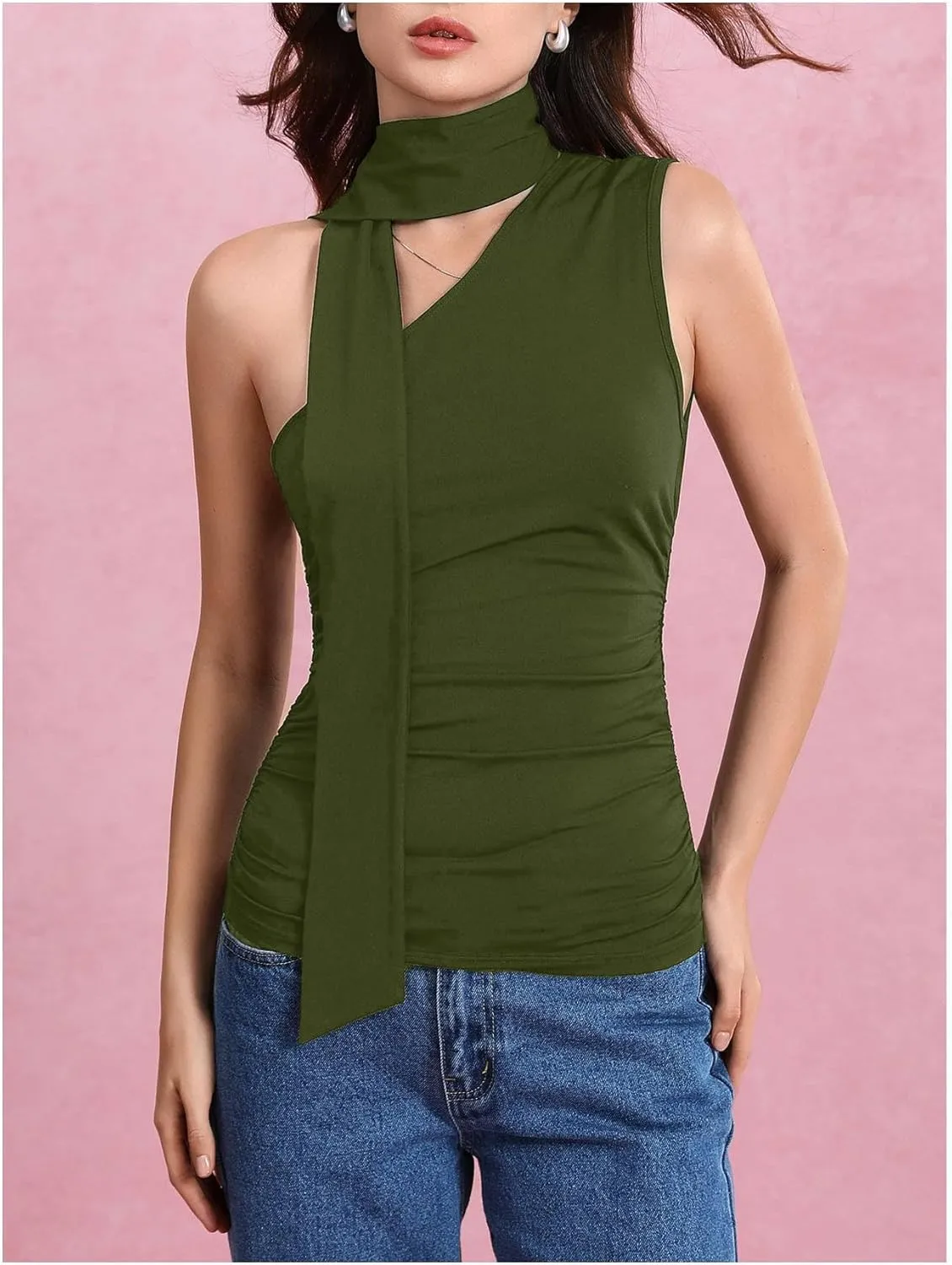 Milumia Women Y2K Going Out Club Rave Halter Scarf Top Shirt Ruched Sleeveless Off One Shouler Tank Top