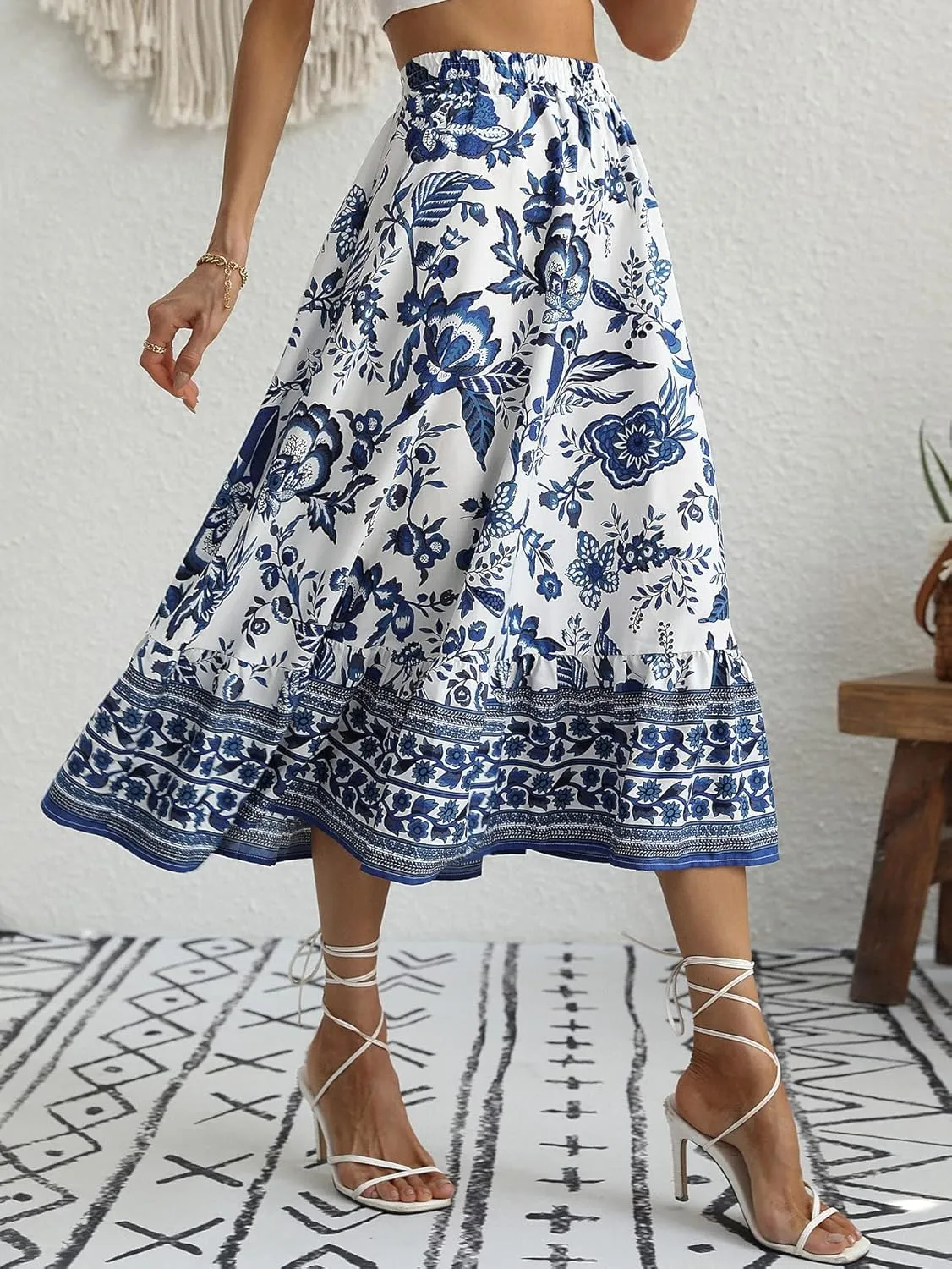 Milumia Women's 2024 Boho Floral High Waist A Line Midi Skirt Ruffle Long Skirt