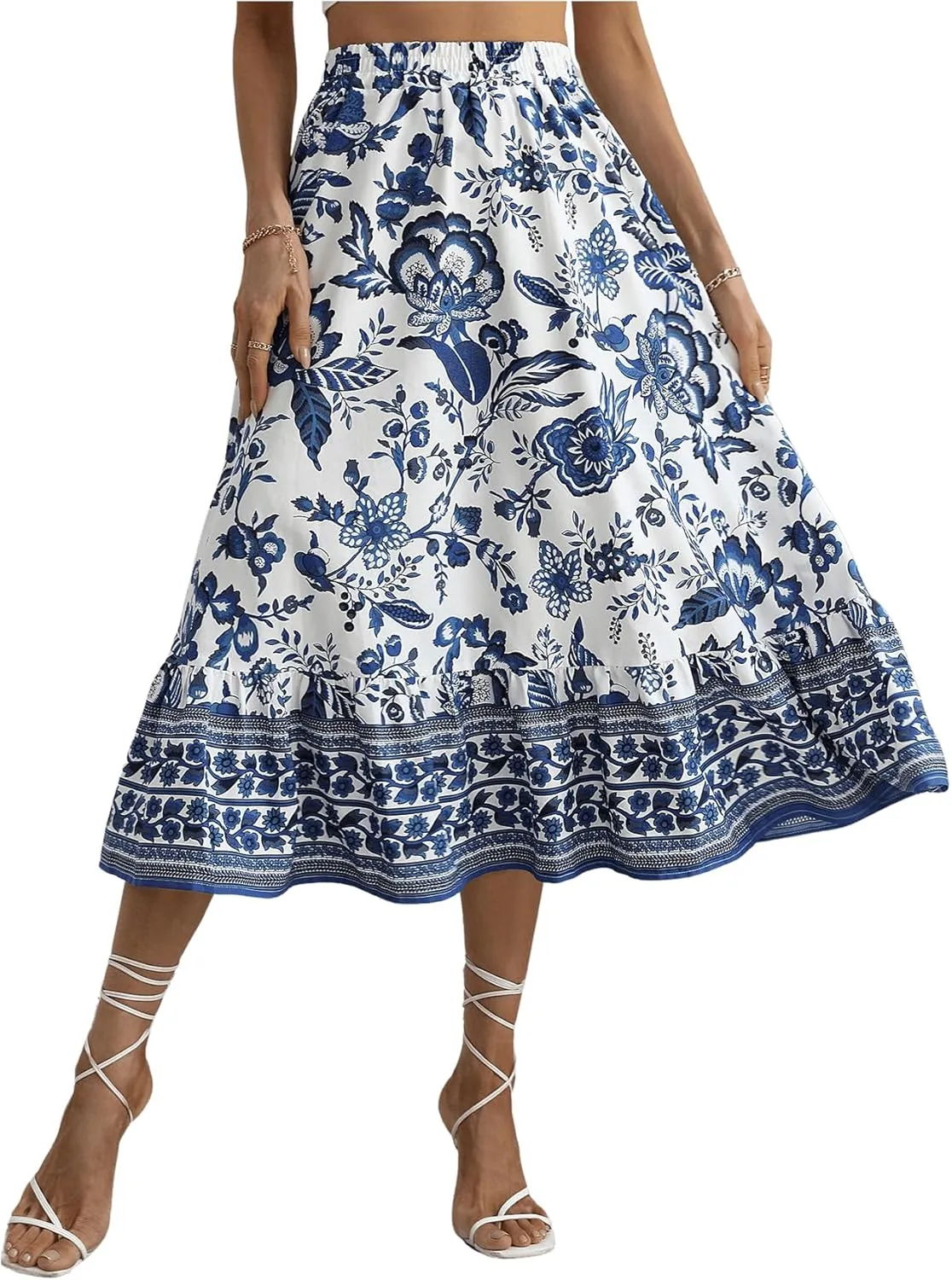 Milumia Women's 2024 Boho Floral High Waist A Line Midi Skirt Ruffle Long Skirt