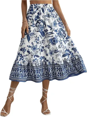 Milumia Women's 2024 Boho Floral High Waist A Line Midi Skirt Ruffle Long Skirt