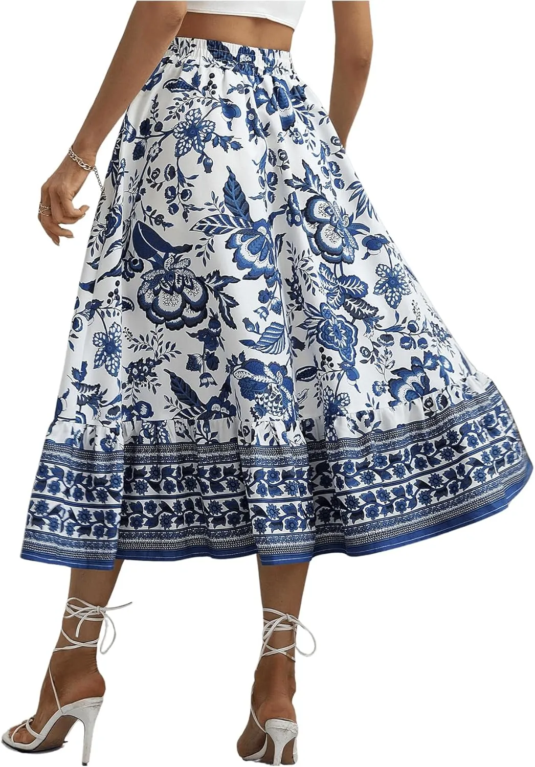 Milumia Women's 2024 Boho Floral High Waist A Line Midi Skirt Ruffle Long Skirt