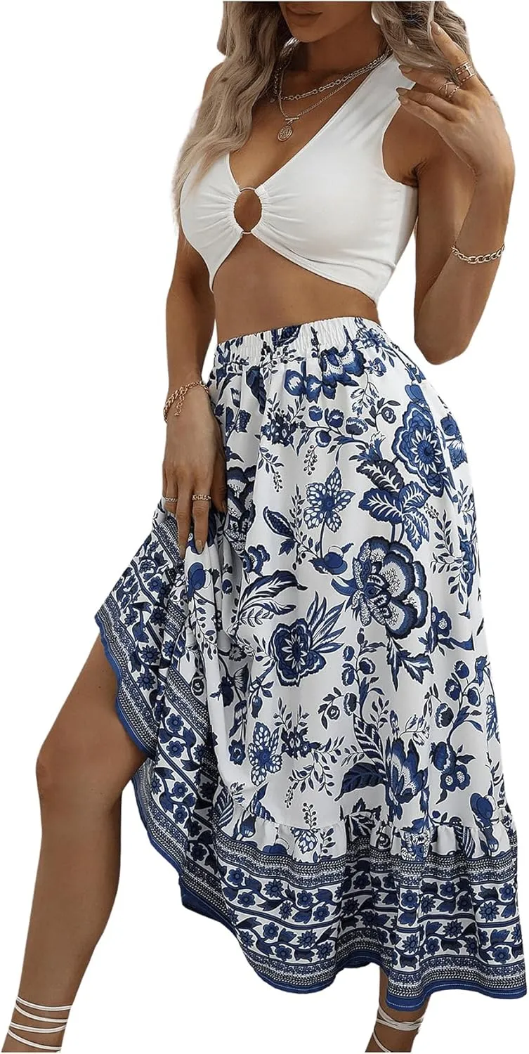 Milumia Women's 2024 Boho Floral High Waist A Line Midi Skirt Ruffle Long Skirt