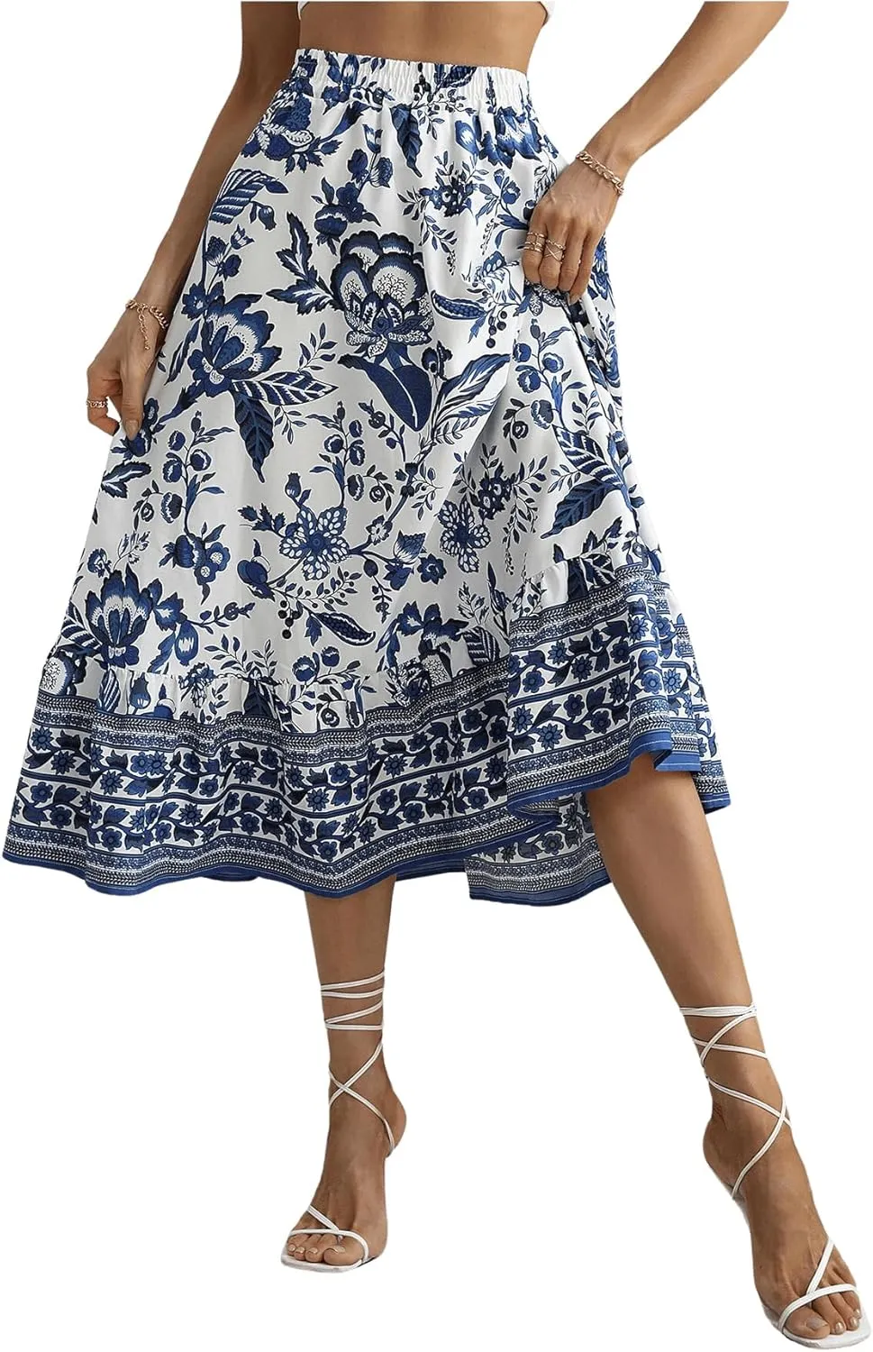 Milumia Women's 2024 Boho Floral High Waist A Line Midi Skirt Ruffle Long Skirt