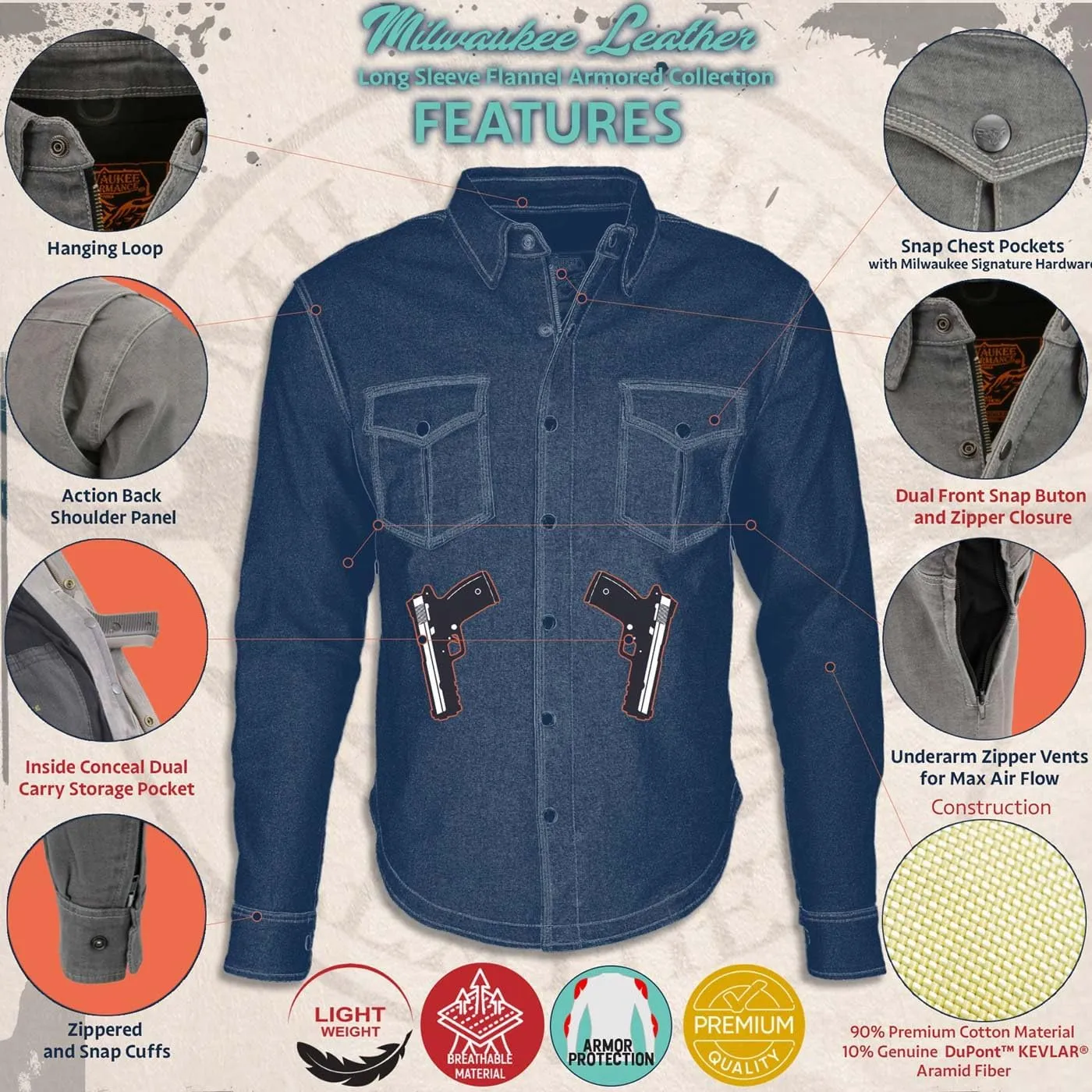 Milwaukee Leather MPM1621 Men's Grey CE Armored Long Sleeve Motorcycle Riders Shirt w/Reinforced w/Aramid Fibers