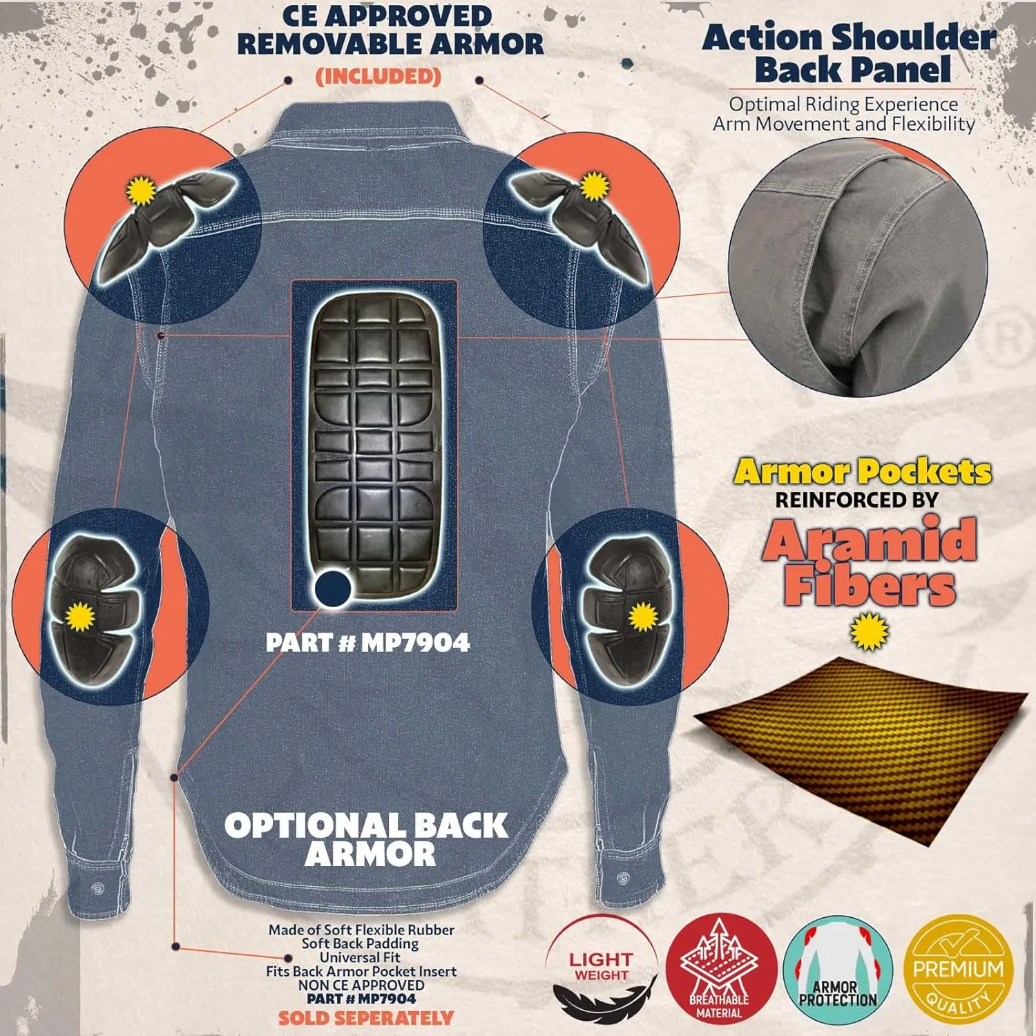 Milwaukee Leather MPM1621 Men's Grey CE Armored Long Sleeve Motorcycle Riders Shirt w/Reinforced w/Aramid Fibers