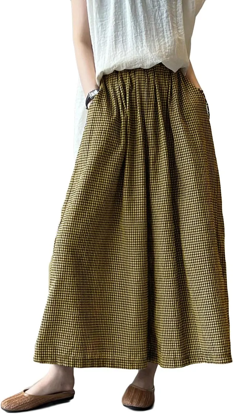 Minibee Women's Linen Palazzo Pants Casual Wide Leg Gingham Pant Boho Plaid Loose Trousers with Pockets
