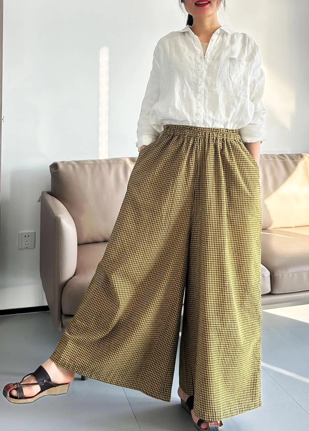 Minibee Women's Linen Palazzo Pants Casual Wide Leg Gingham Pant Boho Plaid Loose Trousers with Pockets
