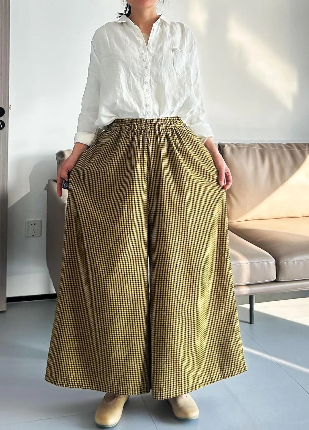 Minibee Women's Linen Palazzo Pants Casual Wide Leg Gingham Pant Boho Plaid Loose Trousers with Pockets