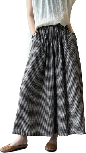 Minibee Women's Linen Palazzo Pants Casual Wide Leg Gingham Pant Boho Plaid Loose Trousers with Pockets