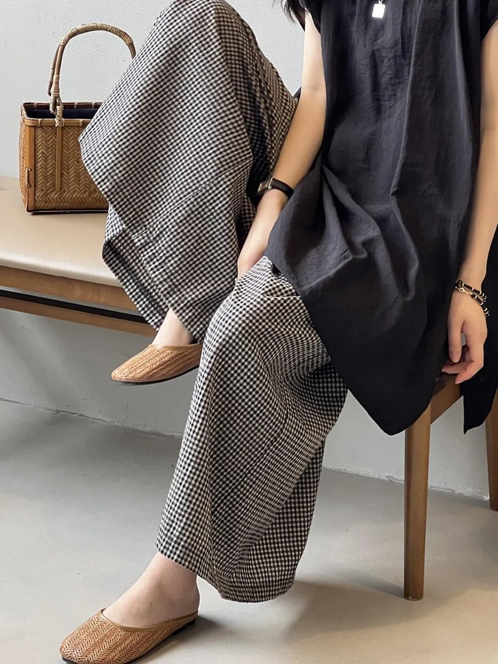 Minibee Women's Linen Palazzo Pants Casual Wide Leg Gingham Pant Boho Plaid Loose Trousers with Pockets