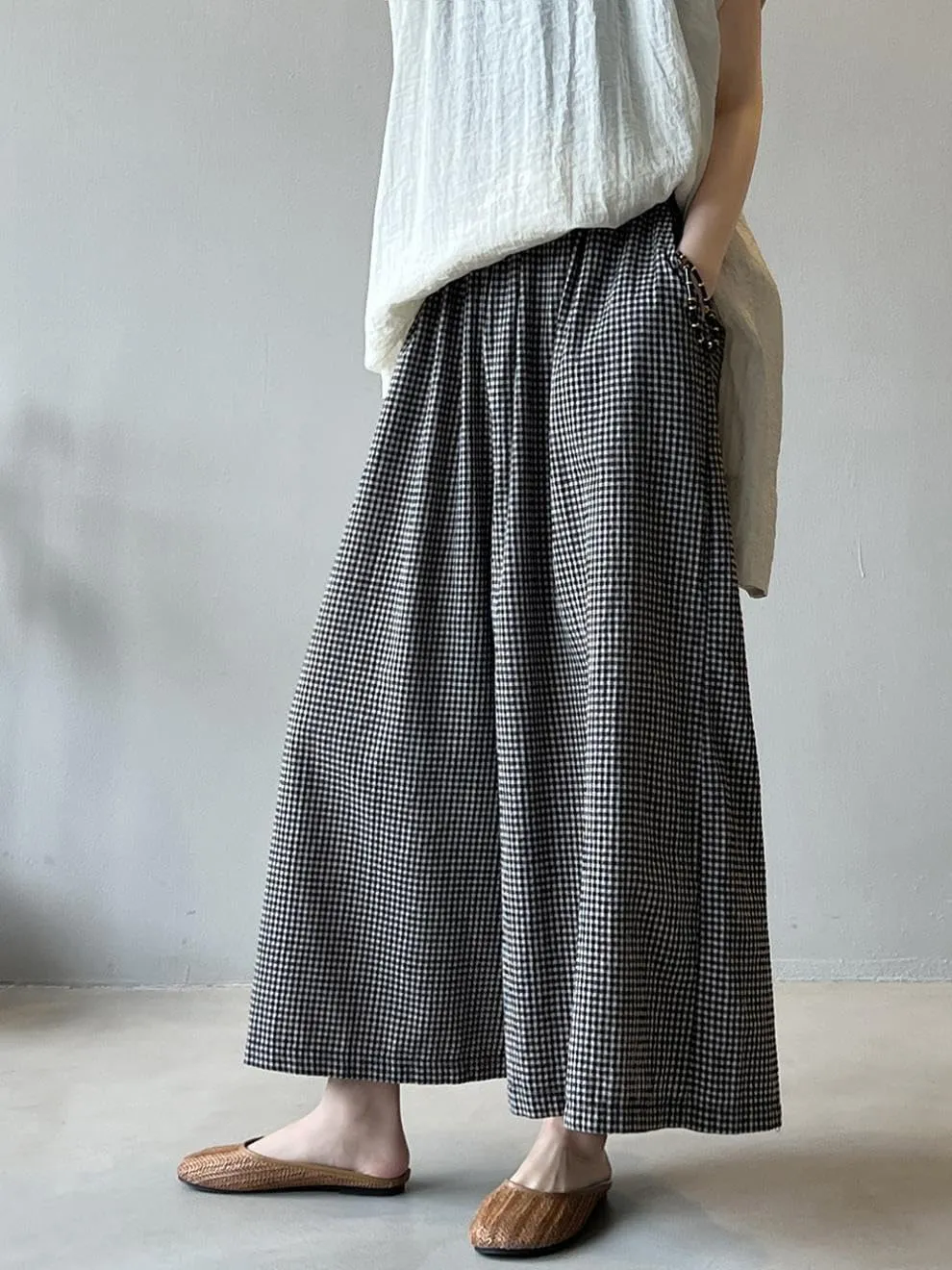 Minibee Women's Linen Palazzo Pants Casual Wide Leg Gingham Pant Boho Plaid Loose Trousers with Pockets