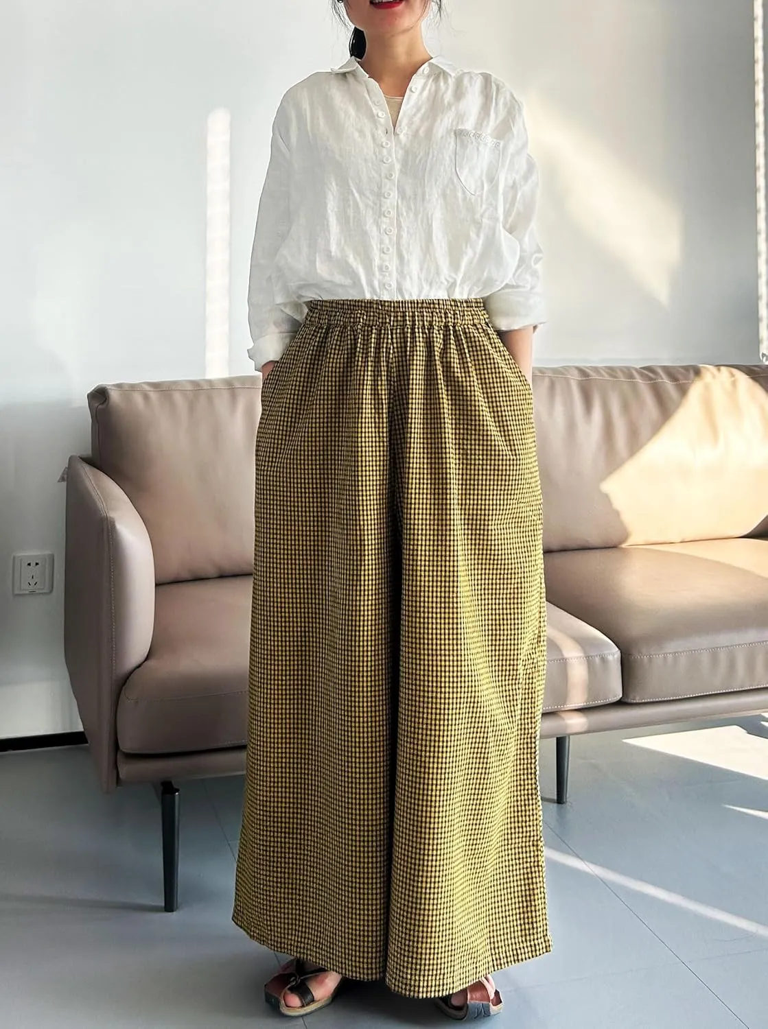 Minibee Women's Linen Palazzo Pants Casual Wide Leg Gingham Pant Boho Plaid Loose Trousers with Pockets