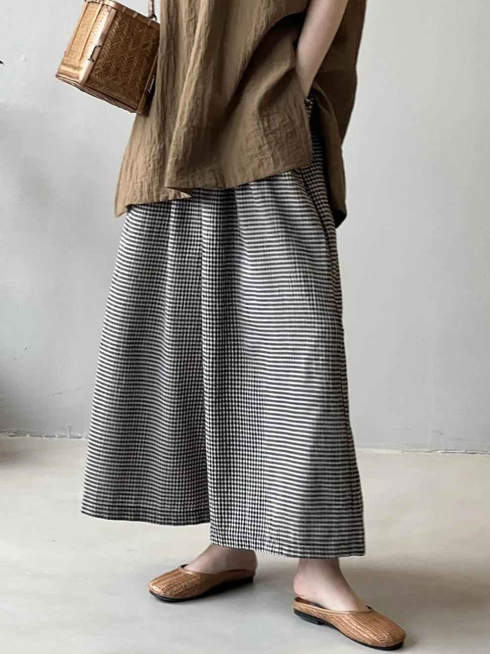 Minibee Women's Linen Palazzo Pants Casual Wide Leg Gingham Pant Boho Plaid Loose Trousers with Pockets