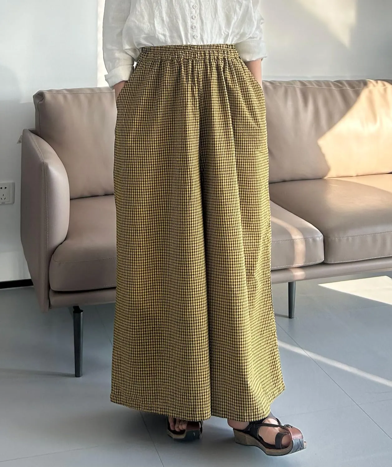 Minibee Women's Linen Palazzo Pants Casual Wide Leg Gingham Pant Boho Plaid Loose Trousers with Pockets