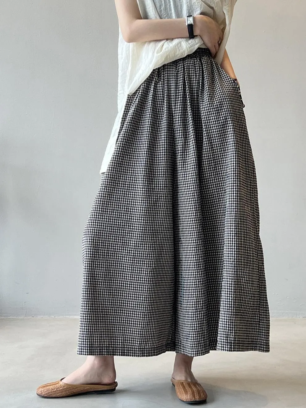 Minibee Women's Linen Palazzo Pants Casual Wide Leg Gingham Pant Boho Plaid Loose Trousers with Pockets