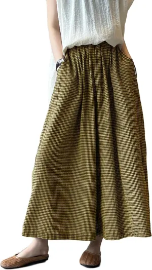 Minibee Women's Linen Palazzo Pants Casual Wide Leg Gingham Pant Boho Plaid Loose Trousers with Pockets