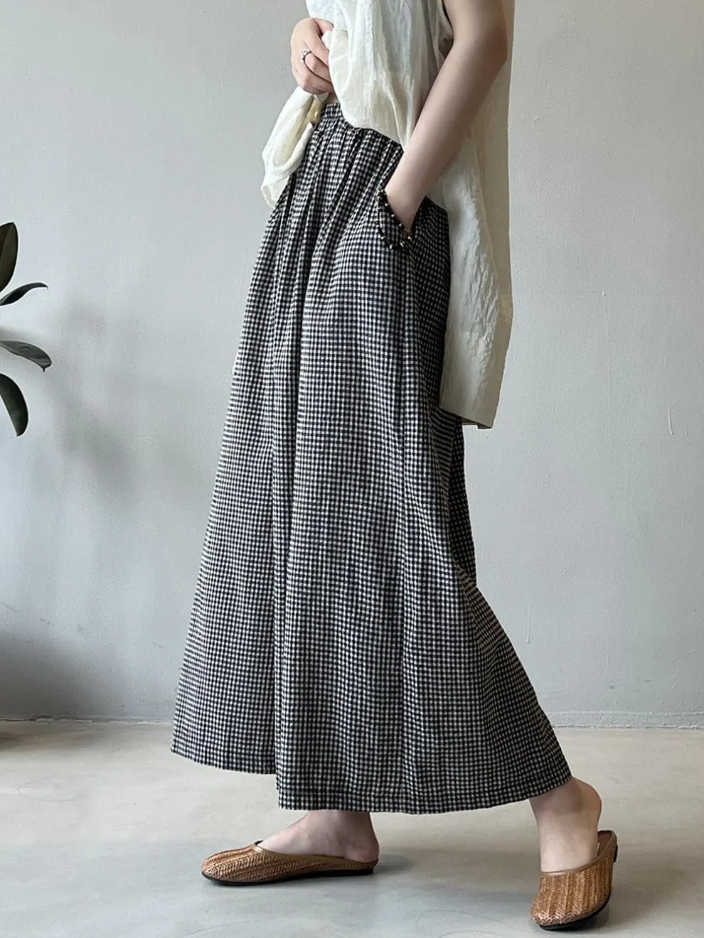Minibee Women's Linen Palazzo Pants Casual Wide Leg Gingham Pant Boho Plaid Loose Trousers with Pockets