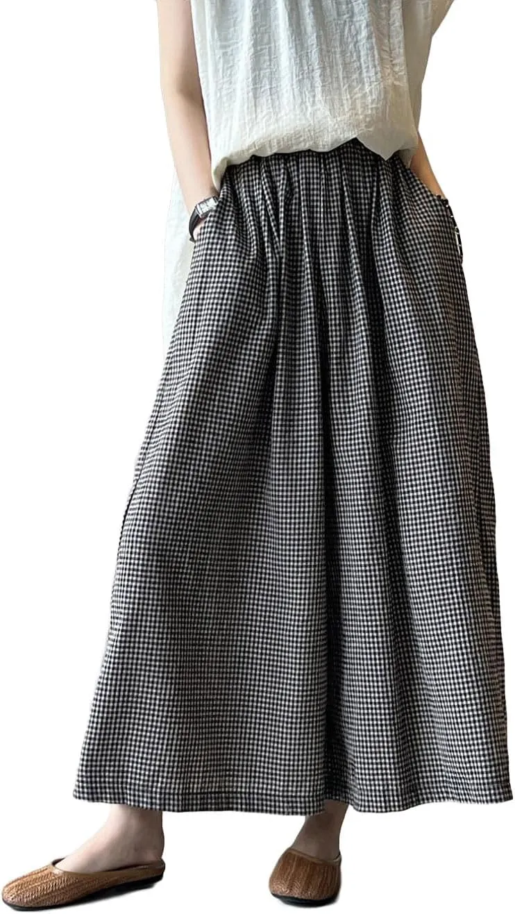 Minibee Women's Linen Palazzo Pants Casual Wide Leg Gingham Pant Boho Plaid Loose Trousers with Pockets