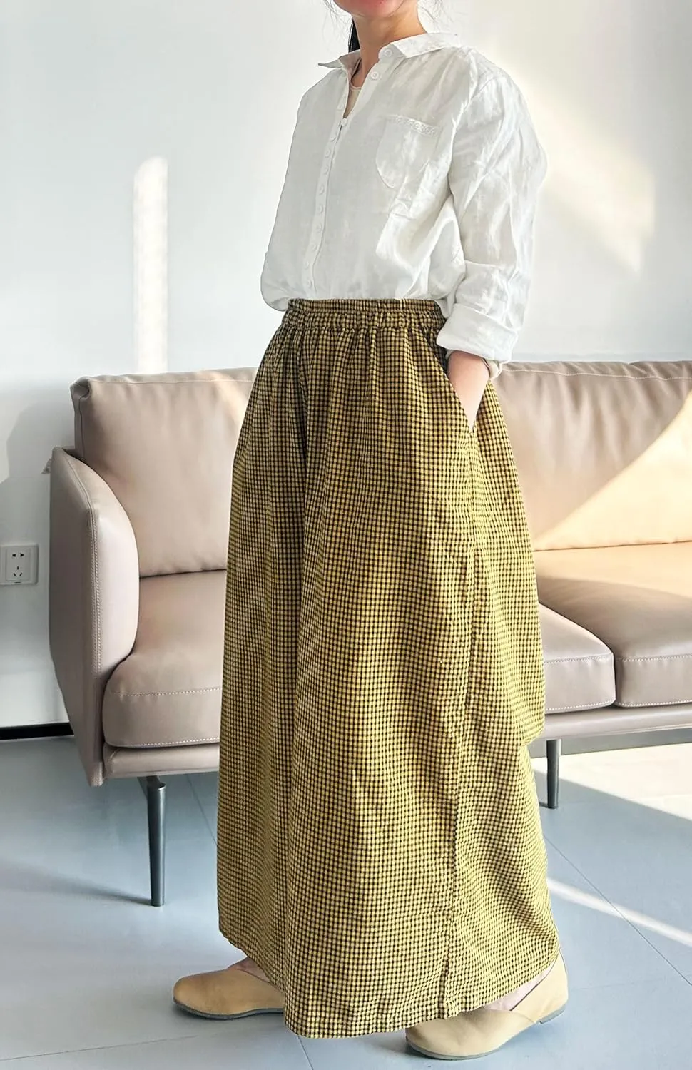 Minibee Women's Linen Palazzo Pants Casual Wide Leg Gingham Pant Boho Plaid Loose Trousers with Pockets