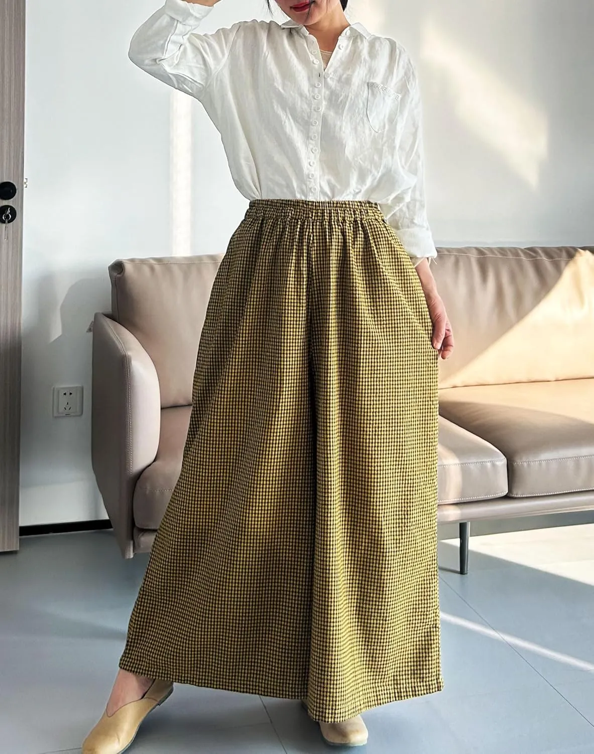 Minibee Women's Linen Palazzo Pants Casual Wide Leg Gingham Pant Boho Plaid Loose Trousers with Pockets