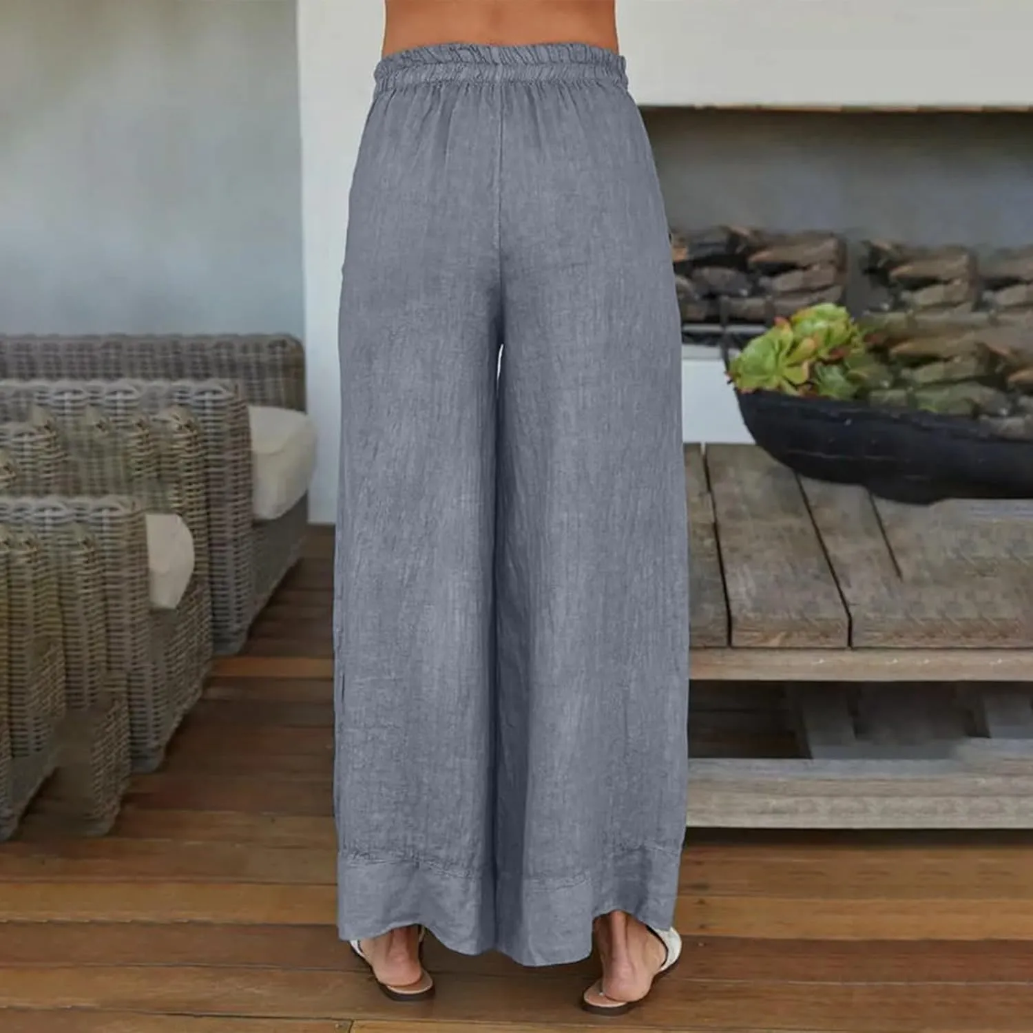Miyaomn Womens Linen Palazzo Pants Culottes 2025 Dressy Casual High Waisted Wide Leg Flowy Beach Pants Summer Lounge Trousers