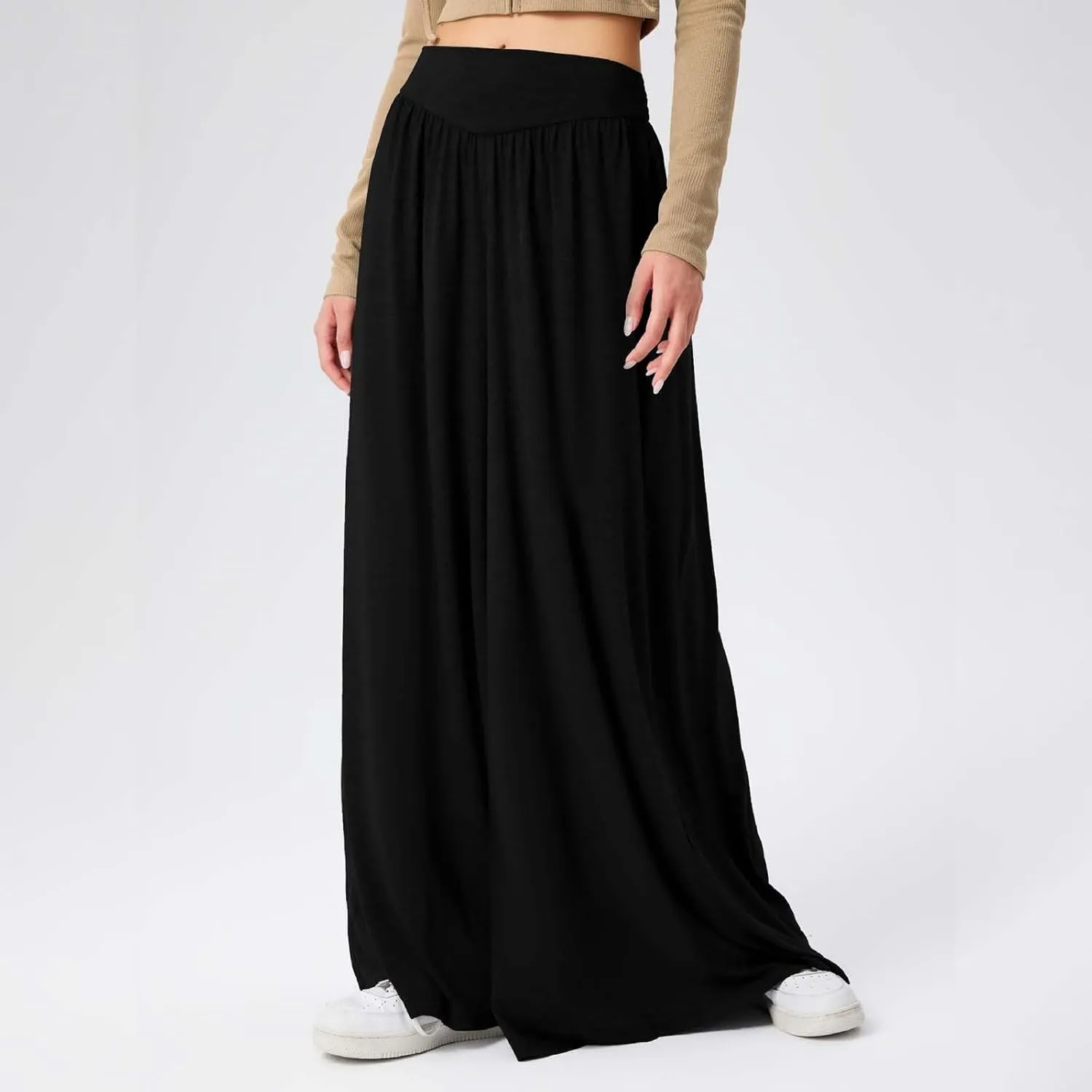 Miyaomn Women's Summer Wide Leg Culottes Casual Elastic High Waisted Flowy Palazzo Pants Pleated Lounge Trousers with Pockets