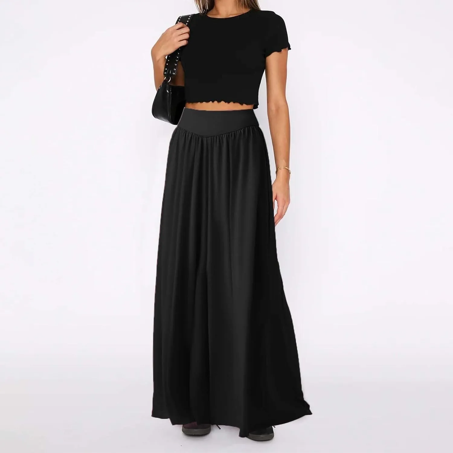 Miyaomn Women's Summer Wide Leg Culottes Casual Elastic High Waisted Flowy Palazzo Pants Pleated Lounge Trousers with Pockets