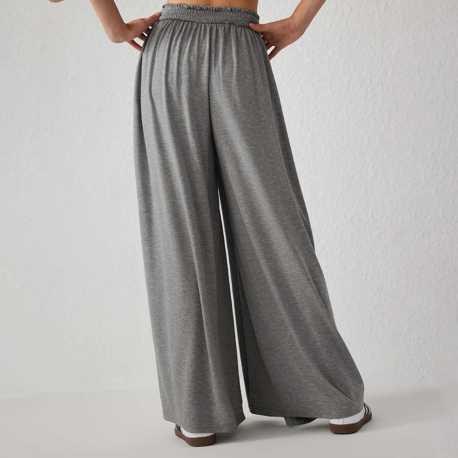 Miyaomn Women's Summer Wide Leg Culottes Casual Elastic High Waisted Flowy Palazzo Pants Pleated Lounge Trousers with Pockets