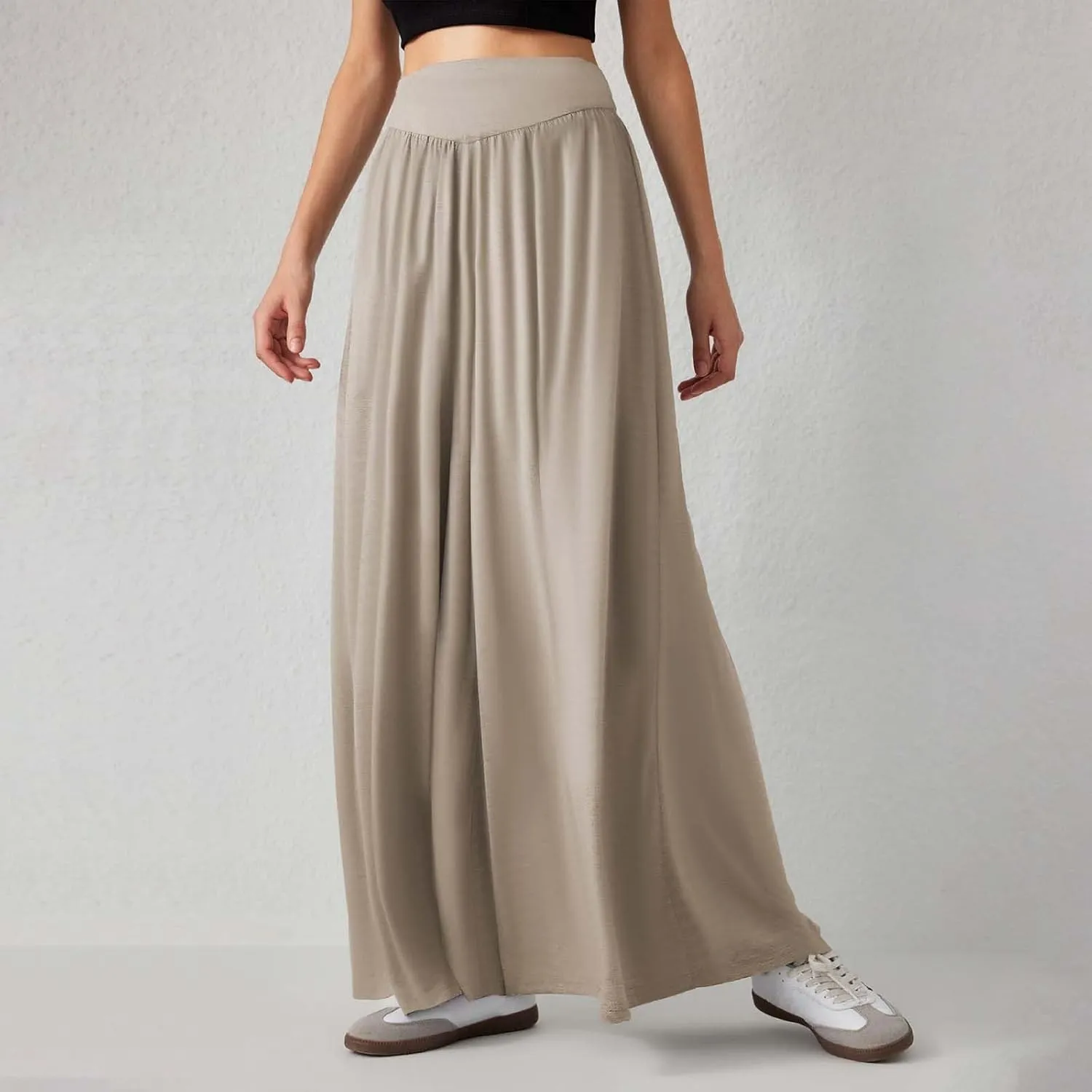 Miyaomn Women's Summer Wide Leg Culottes Casual Elastic High Waisted Flowy Palazzo Pants Pleated Lounge Trousers with Pockets