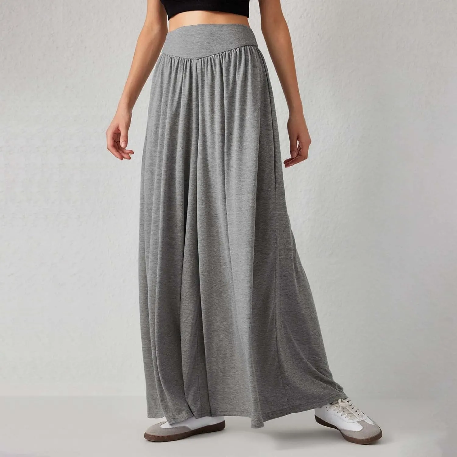 Miyaomn Women's Summer Wide Leg Culottes Casual Elastic High Waisted Flowy Palazzo Pants Pleated Lounge Trousers with Pockets
