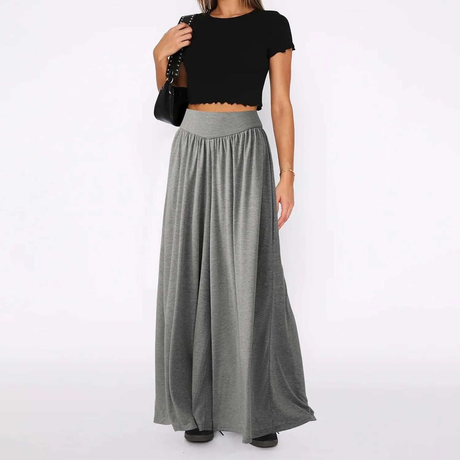 Miyaomn Women's Summer Wide Leg Culottes Casual Elastic High Waisted Flowy Palazzo Pants Pleated Lounge Trousers with Pockets