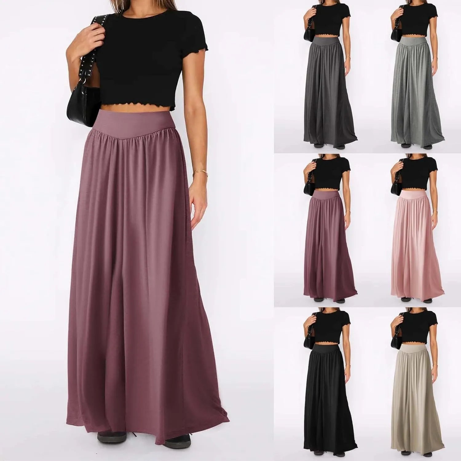 Miyaomn Women's Summer Wide Leg Culottes Casual Elastic High Waisted Flowy Palazzo Pants Pleated Lounge Trousers with Pockets