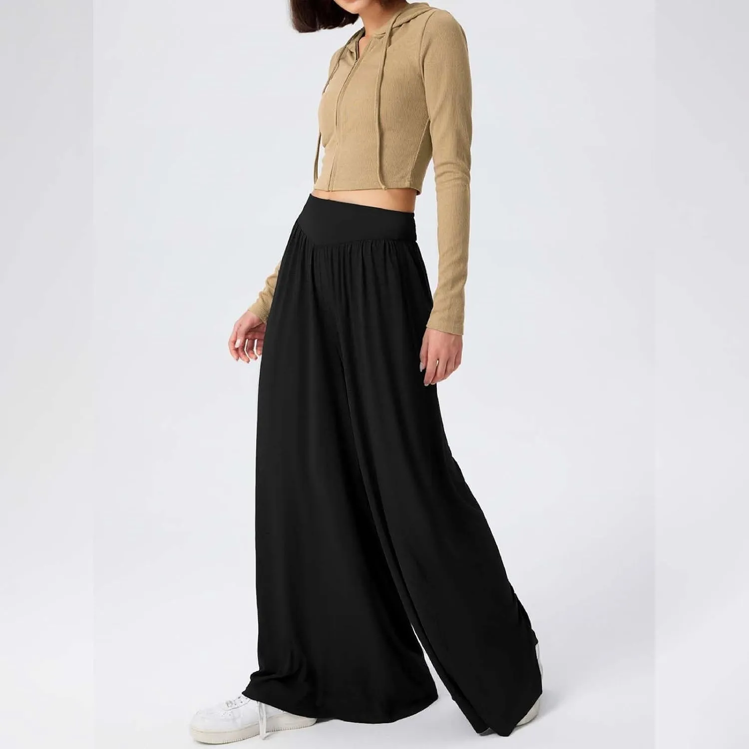 Miyaomn Women's Summer Wide Leg Culottes Casual Elastic High Waisted Flowy Palazzo Pants Pleated Lounge Trousers with Pockets