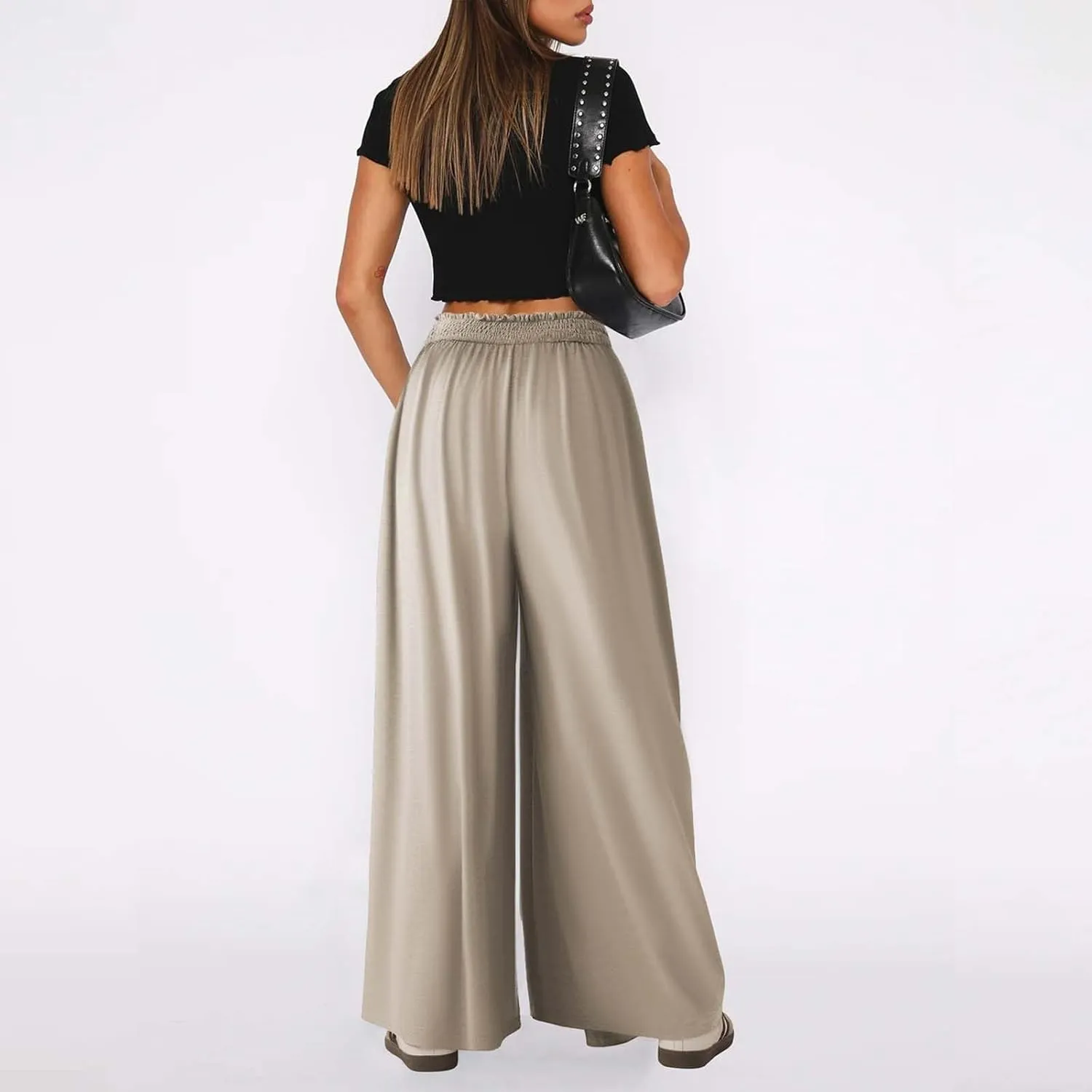 Miyaomn Women's Summer Wide Leg Culottes Casual Elastic High Waisted Flowy Palazzo Pants Pleated Lounge Trousers with Pockets