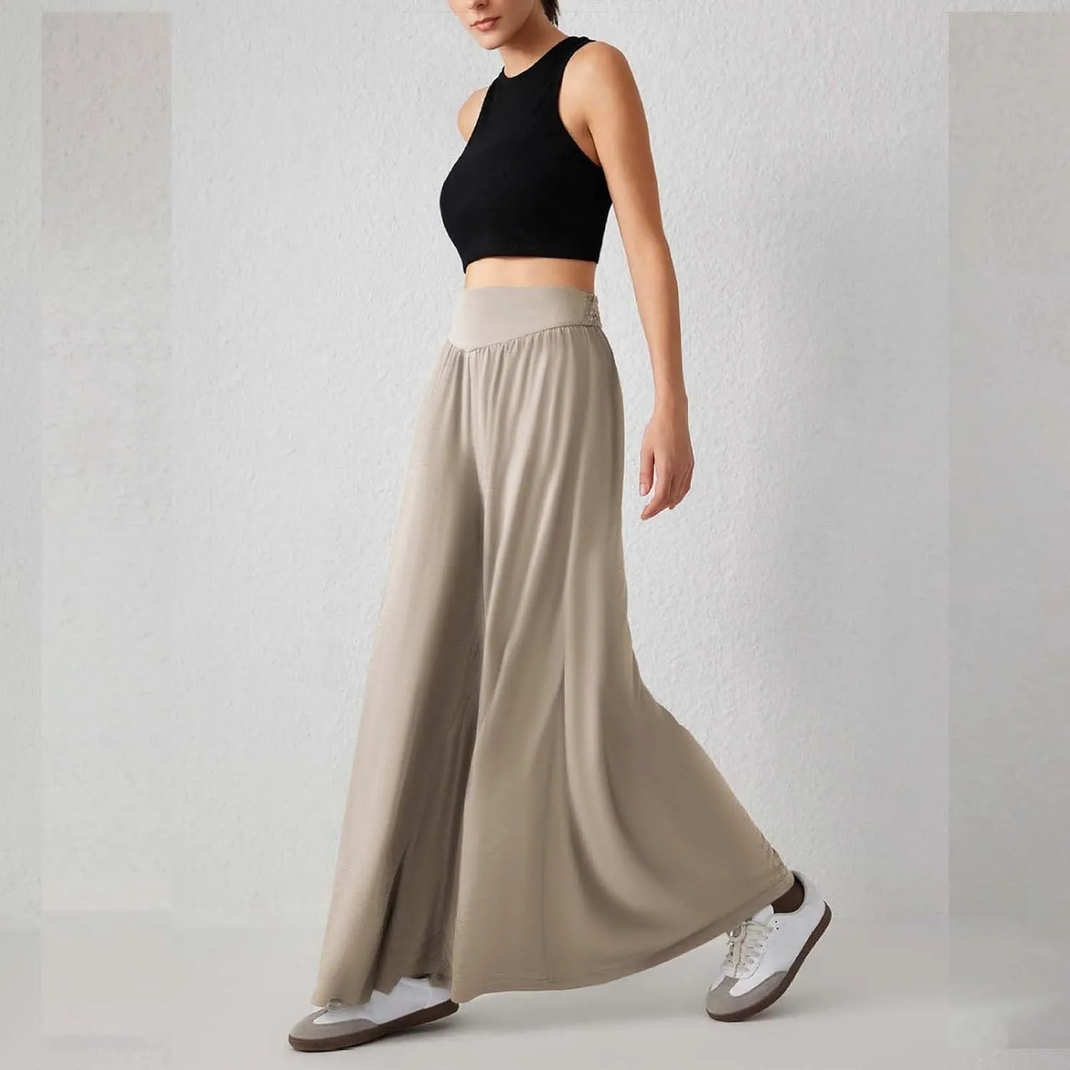Miyaomn Women's Summer Wide Leg Culottes Casual Elastic High Waisted Flowy Palazzo Pants Pleated Lounge Trousers with Pockets