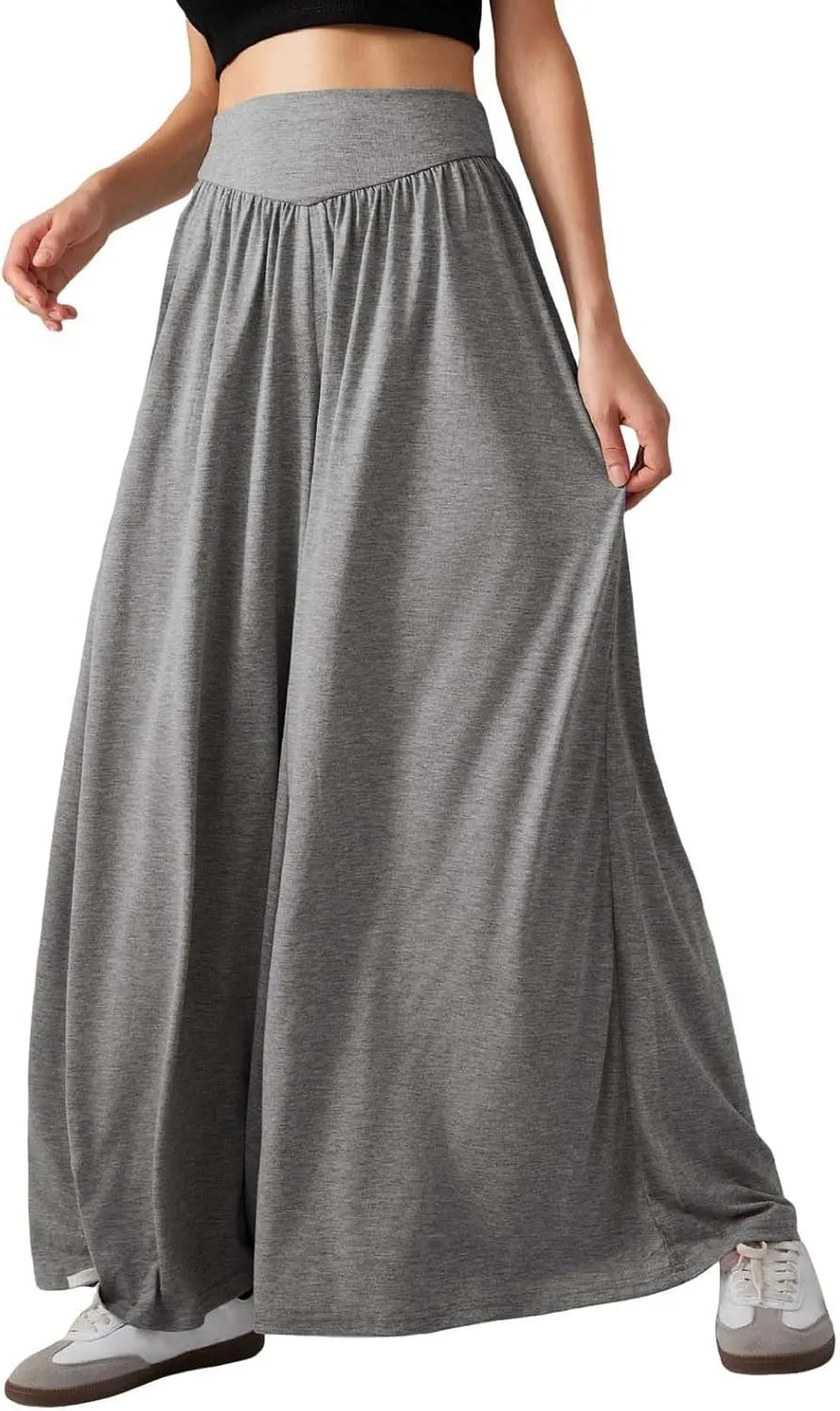 Miyaomn Women's Summer Wide Leg Culottes Casual Elastic High Waisted Flowy Palazzo Pants Pleated Lounge Trousers with Pockets