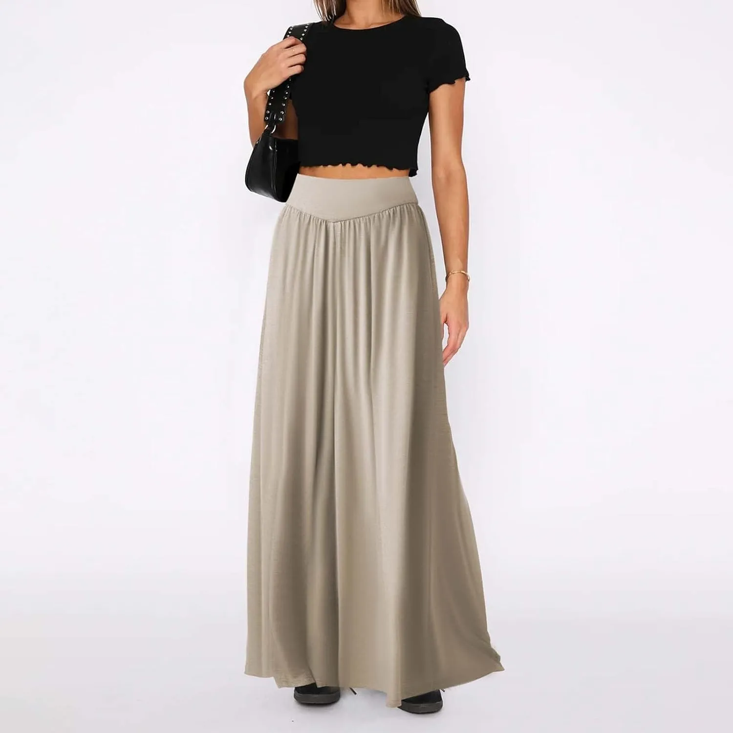 Miyaomn Women's Summer Wide Leg Culottes Casual Elastic High Waisted Flowy Palazzo Pants Pleated Lounge Trousers with Pockets